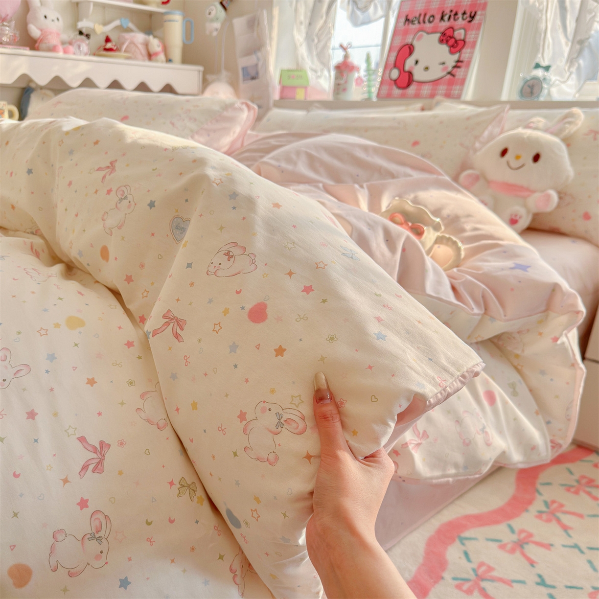 91家纺网 家纺一手货源 找家纺 名兮家居 2026跑量款全棉印花四件套 奶油兔兔