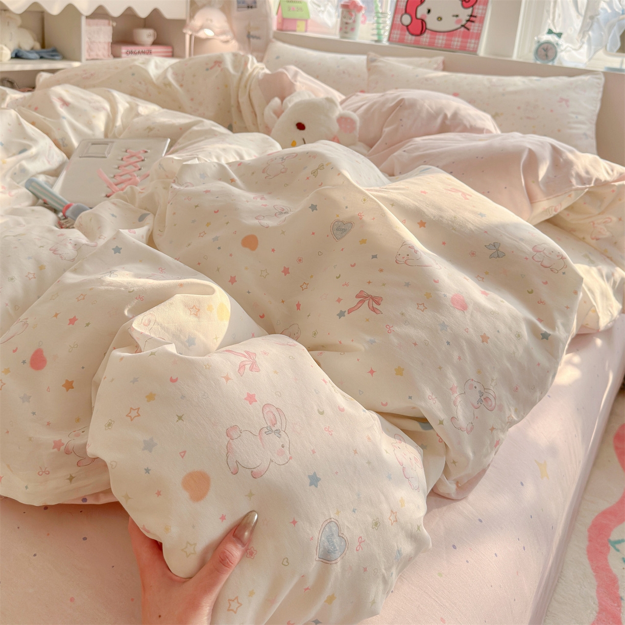 91家纺网 家纺一手货源 找家纺 名兮家居 2026跑量款全棉印花四件套 奶油兔兔