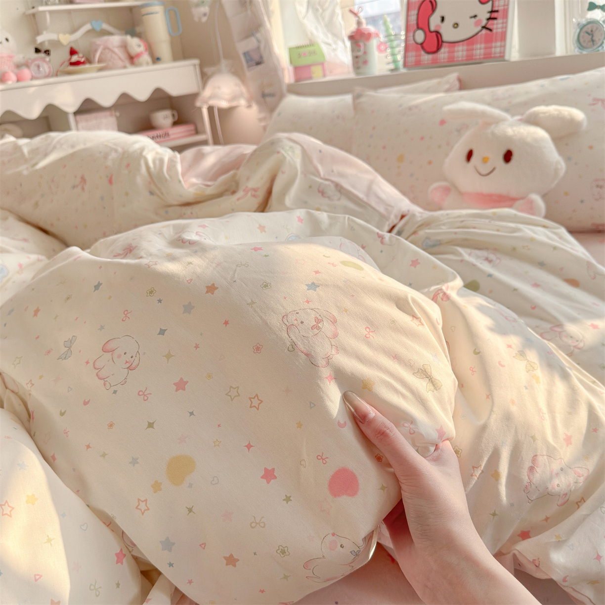 91家纺网 家纺一手货源 找家纺 名兮家居 2026跑量款全棉印花四件套 奶油兔兔