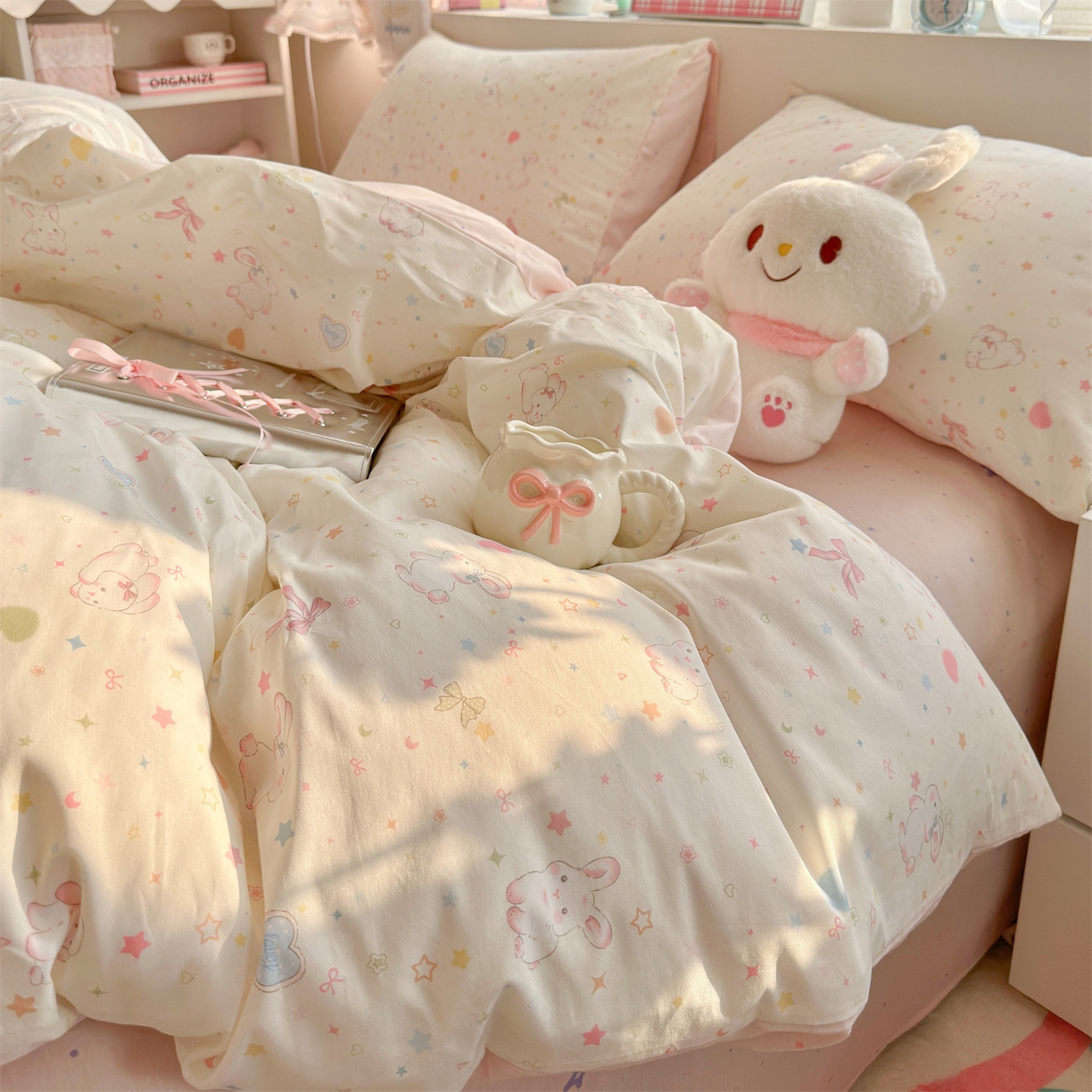 91家纺网 家纺一手货源 找家纺 名兮家居 2026跑量款全棉印花四件套 奶油兔兔