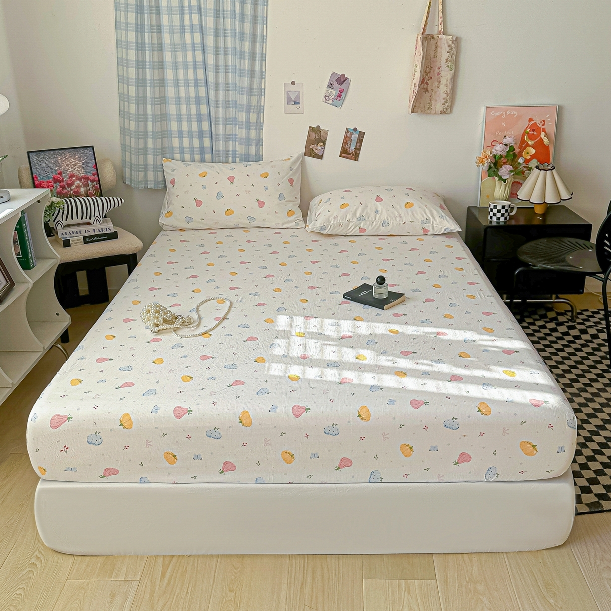 91家纺网 家纺一手货源 找家纺 繁花家居 2026新款泡芙棉云感木棉邹邹纱单床笠床单单件学生床 果园晨曲