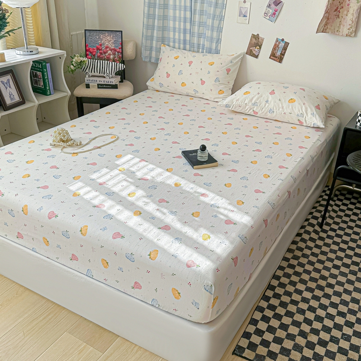 91家纺网 家纺一手货源 找家纺 繁花家居 2026新款泡芙棉云感木棉邹邹纱单床笠床单单件学生床 果园晨曲