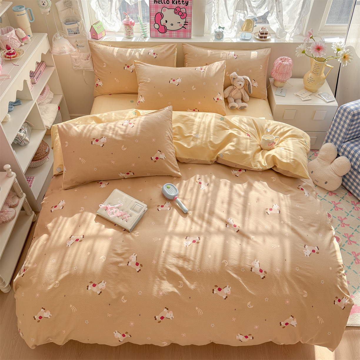 91家纺网 家纺一手货源 找家纺 名兮家居 2026跑量款全棉印花四件套 暖暖小马梦