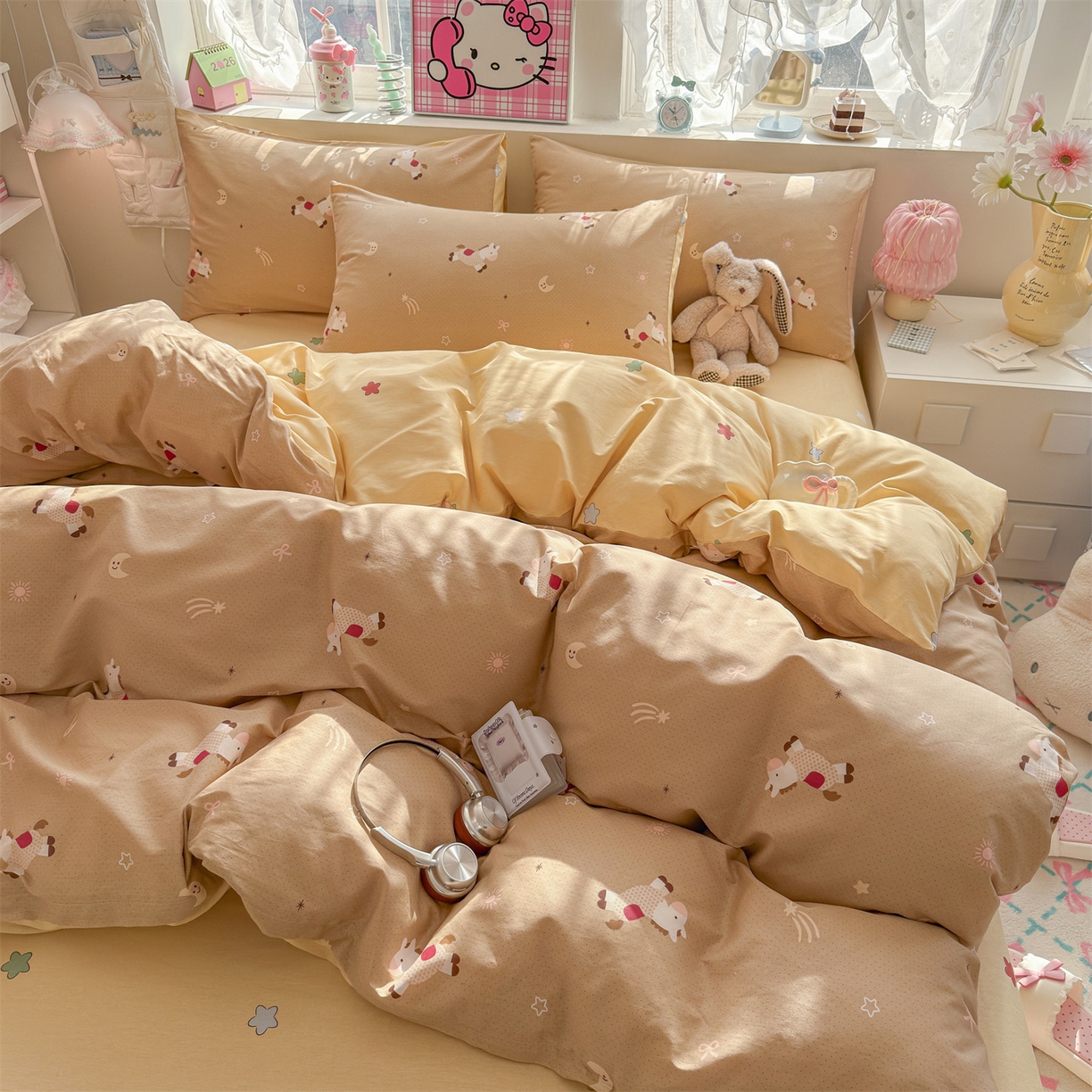 91家纺网 家纺一手货源 找家纺 名兮家居 2026跑量款全棉印花四件套 暖暖小马梦