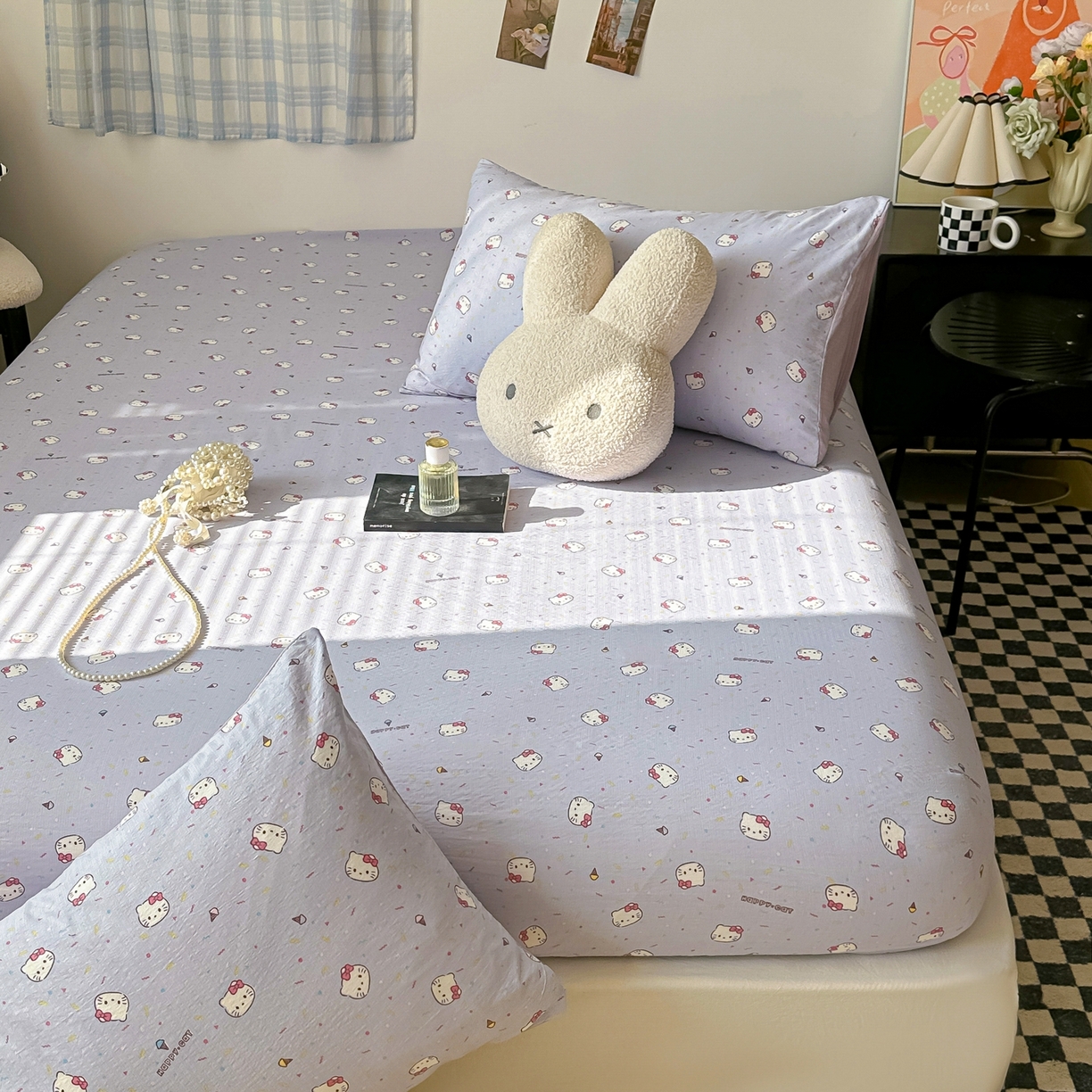 91家纺网 家纺一手货源 找家纺 繁花家居 2026新款泡芙棉云感木棉邹邹纱单床笠床单单件学生床 幻紫喵语