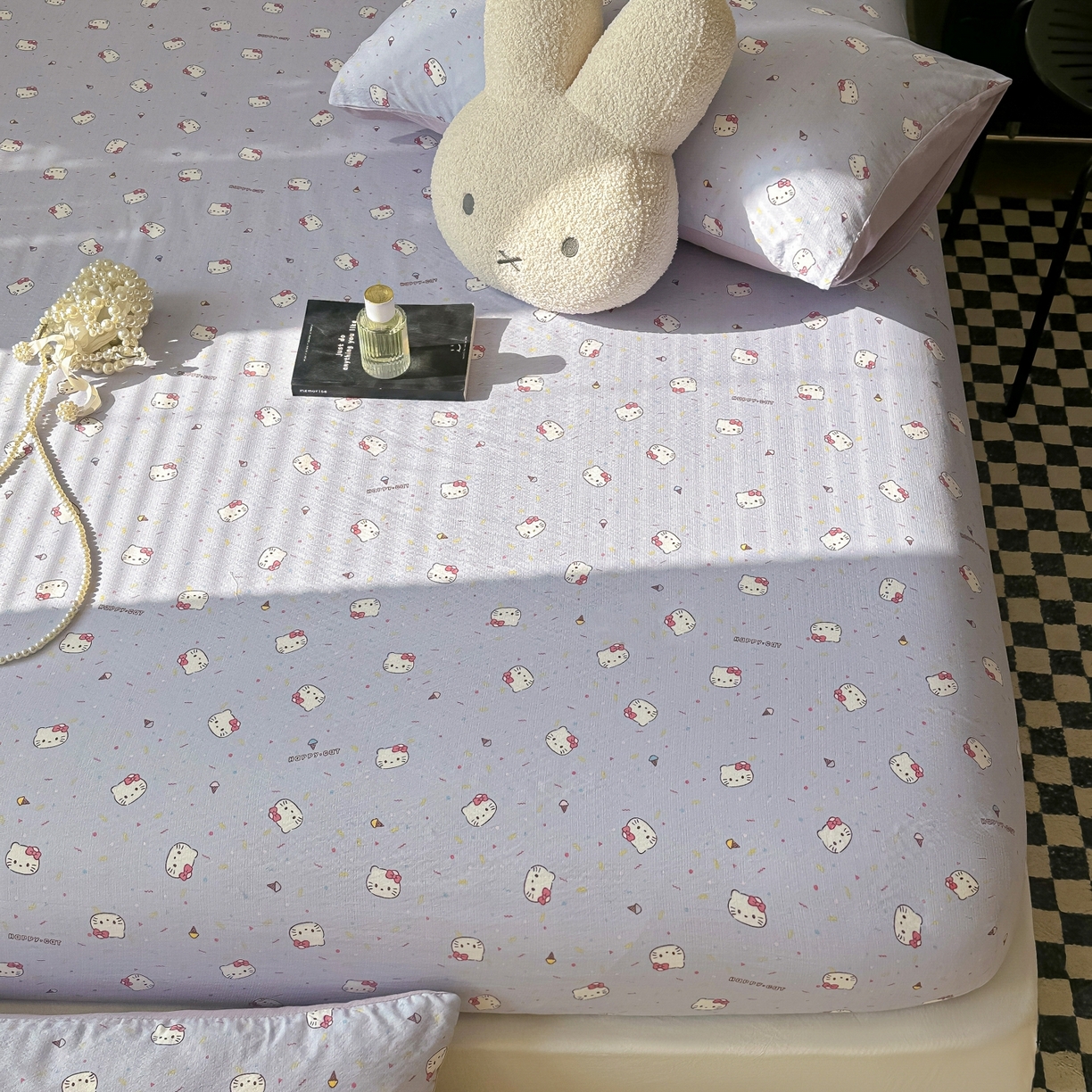 91家纺网 家纺一手货源 找家纺 繁花家居 2026新款泡芙棉云感木棉邹邹纱单床笠床单单件学生床 幻紫喵语