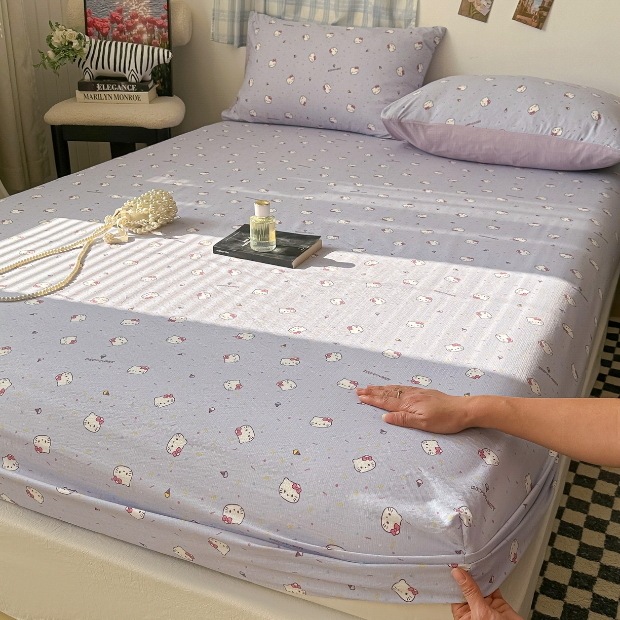 91家纺网 家纺一手货源 找家纺 繁花家居 2026新款泡芙棉云感木棉邹邹纱单床笠床单单件学生床 幻紫喵语