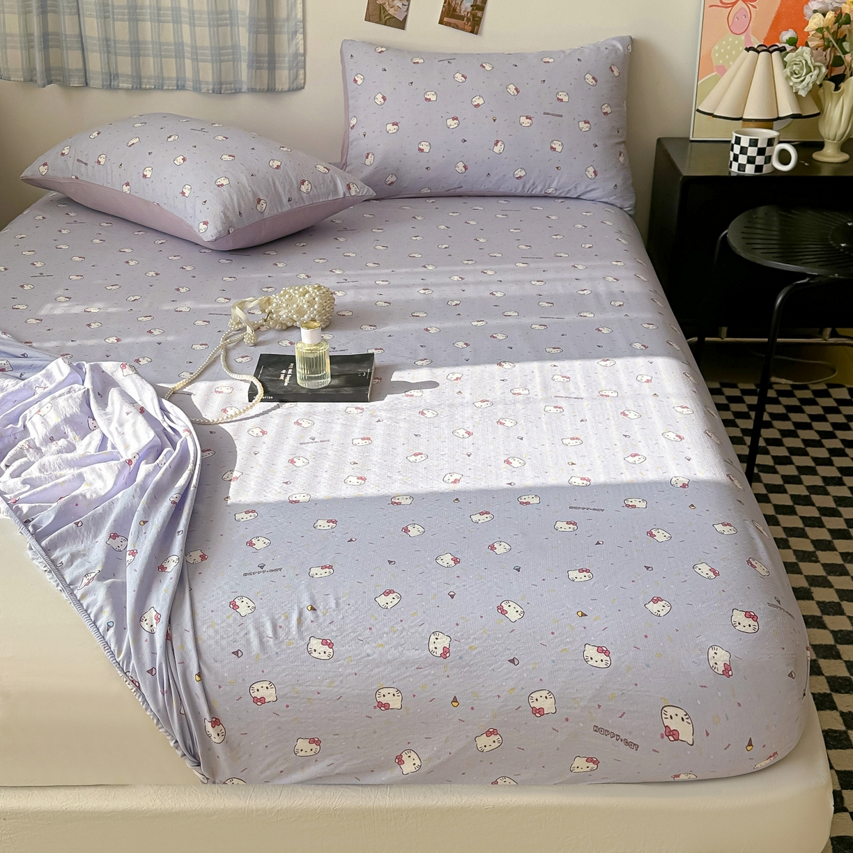 91家纺网 家纺一手货源 找家纺 繁花家居 2026新款泡芙棉云感木棉邹邹纱单床笠床单单件学生床 幻紫喵语