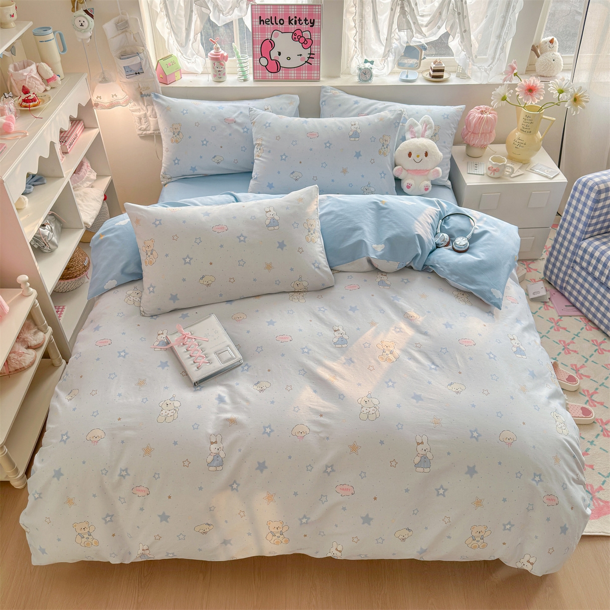 91家纺网 家纺一手货源 找家纺 名兮家居 2026跑量款全棉印花四件套 浅蓝星梦