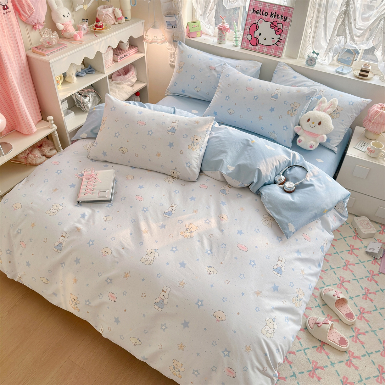 91家纺网 家纺一手货源 找家纺 名兮家居 2026跑量款全棉印花四件套 浅蓝星梦