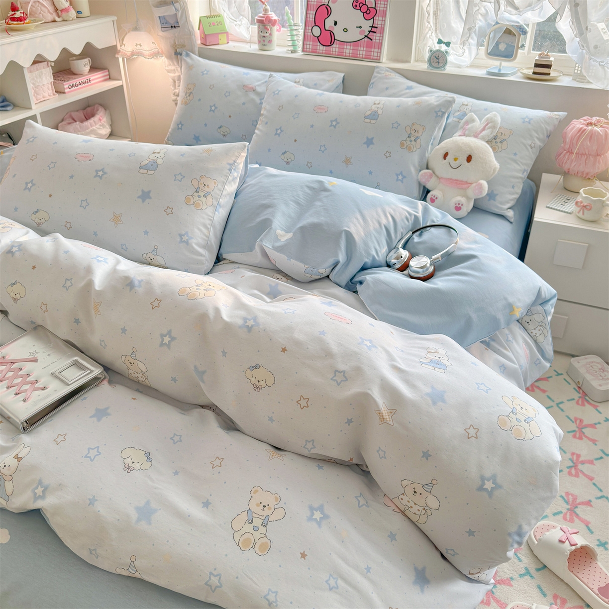 91家纺网 家纺一手货源 找家纺 名兮家居 2026跑量款全棉印花四件套 浅蓝星梦