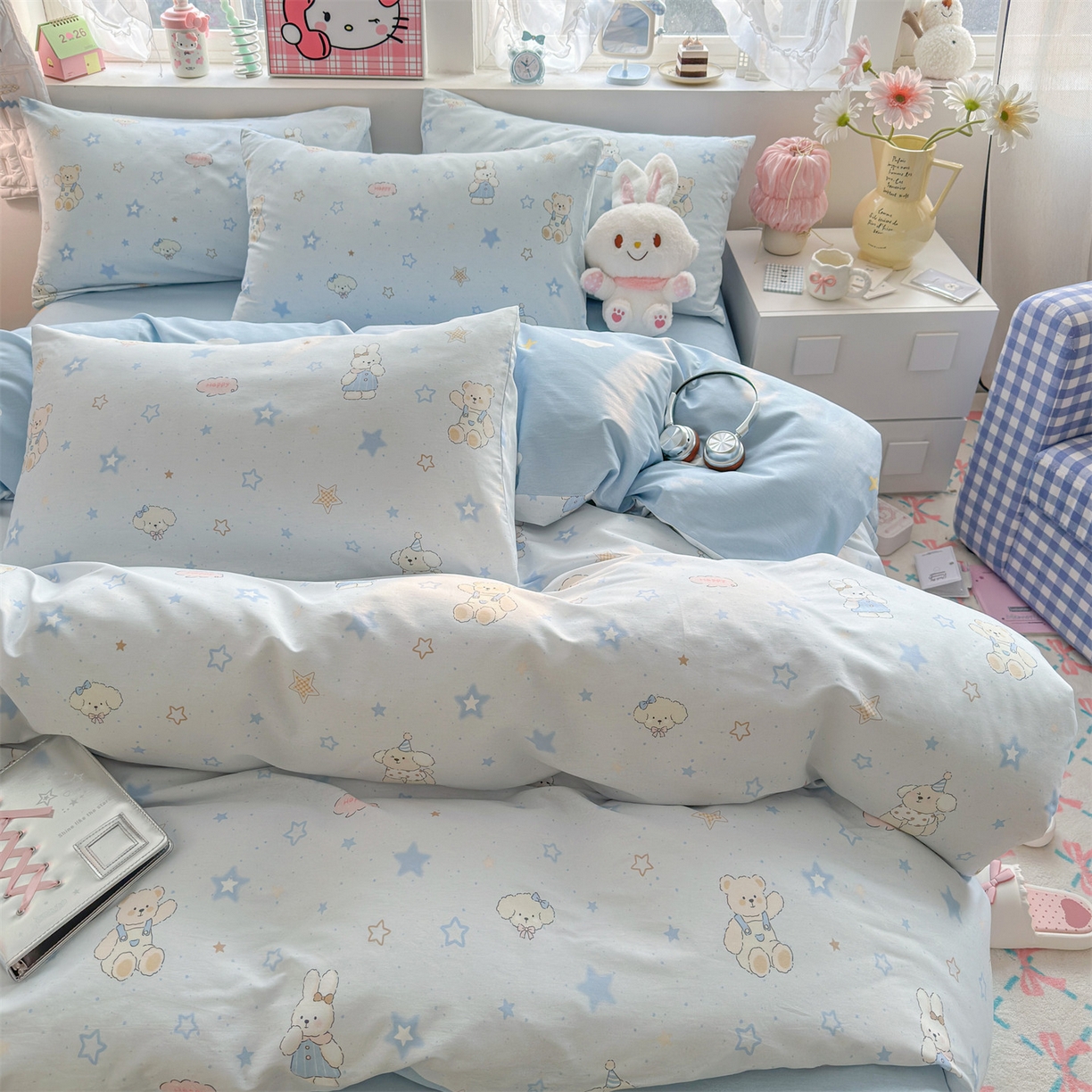 91家纺网 家纺一手货源 找家纺 名兮家居 2026跑量款全棉印花四件套 浅蓝星梦