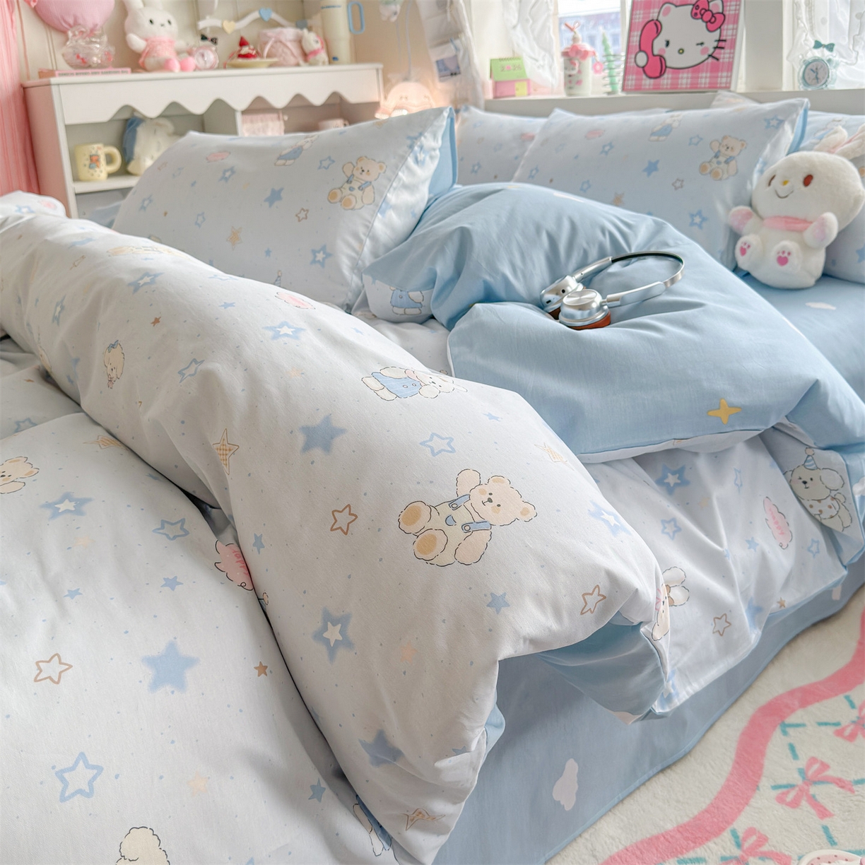 91家纺网 家纺一手货源 找家纺 名兮家居 2026跑量款全棉印花四件套 浅蓝星梦