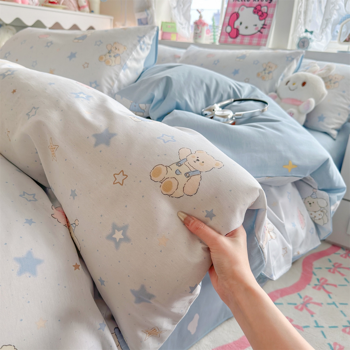 91家纺网 家纺一手货源 找家纺 名兮家居 2026跑量款全棉印花四件套 浅蓝星梦