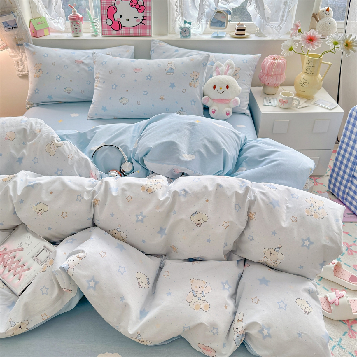 91家纺网 家纺一手货源 找家纺 名兮家居 2026跑量款全棉印花四件套 浅蓝星梦