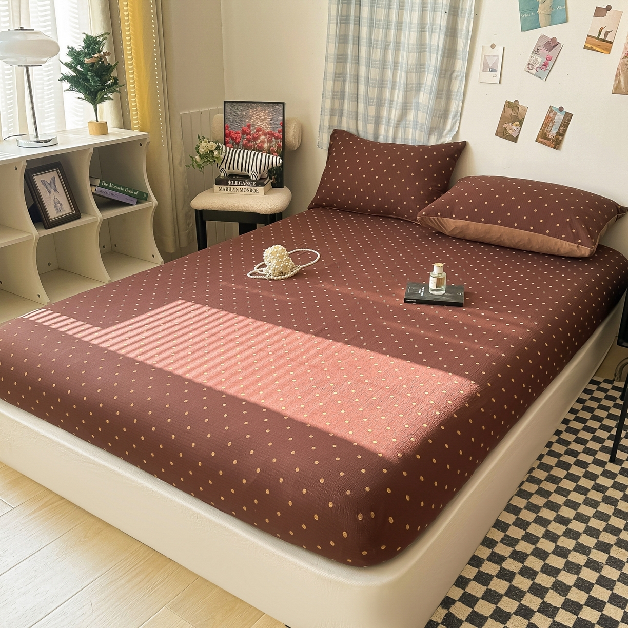 91家纺网 家纺一手货源 找家纺 繁花家居 2026新款泡芙棉云感木棉邹邹纱单床笠床单单件学生床 焦糖波点