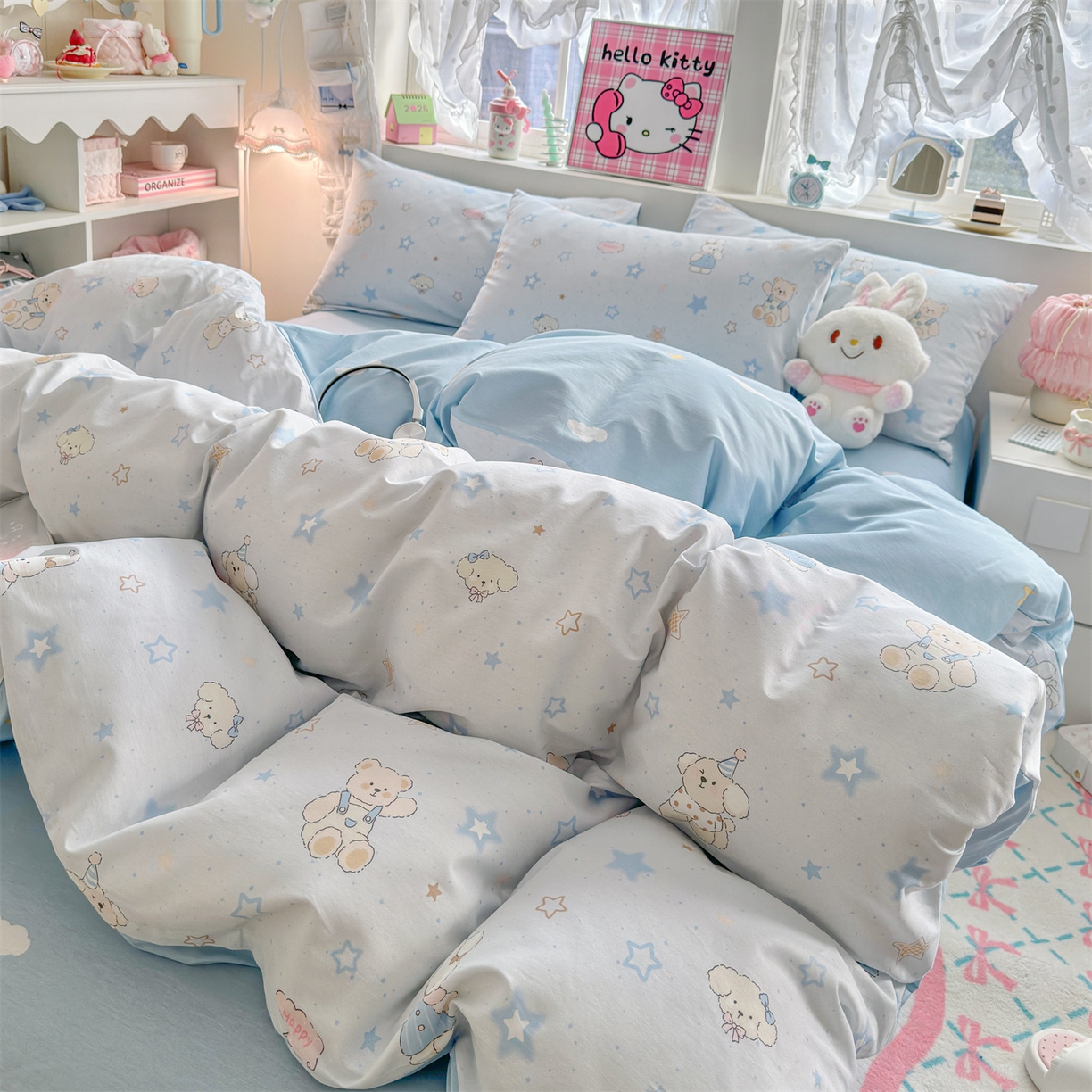 91家纺网 家纺一手货源 找家纺 名兮家居 2026跑量款全棉印花四件套 浅蓝星梦