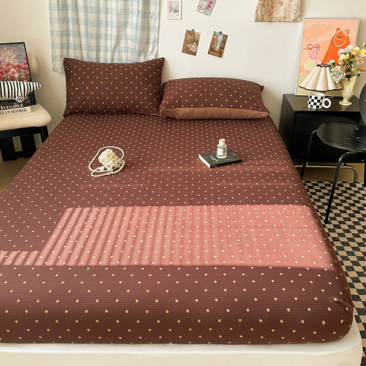 91家纺网 家纺一手货源 找家纺 繁花家居 2026新款泡芙棉云感木棉邹邹纱单床笠床单单件学生床 焦糖波点