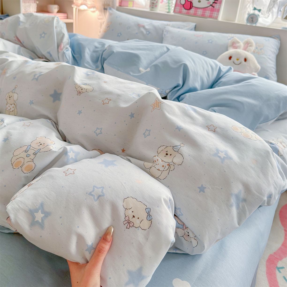 91家纺网 家纺一手货源 找家纺 名兮家居 2026跑量款全棉印花四件套 浅蓝星梦