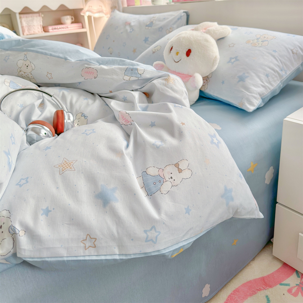 91家纺网 家纺一手货源 找家纺 名兮家居 2026跑量款全棉印花四件套 浅蓝星梦