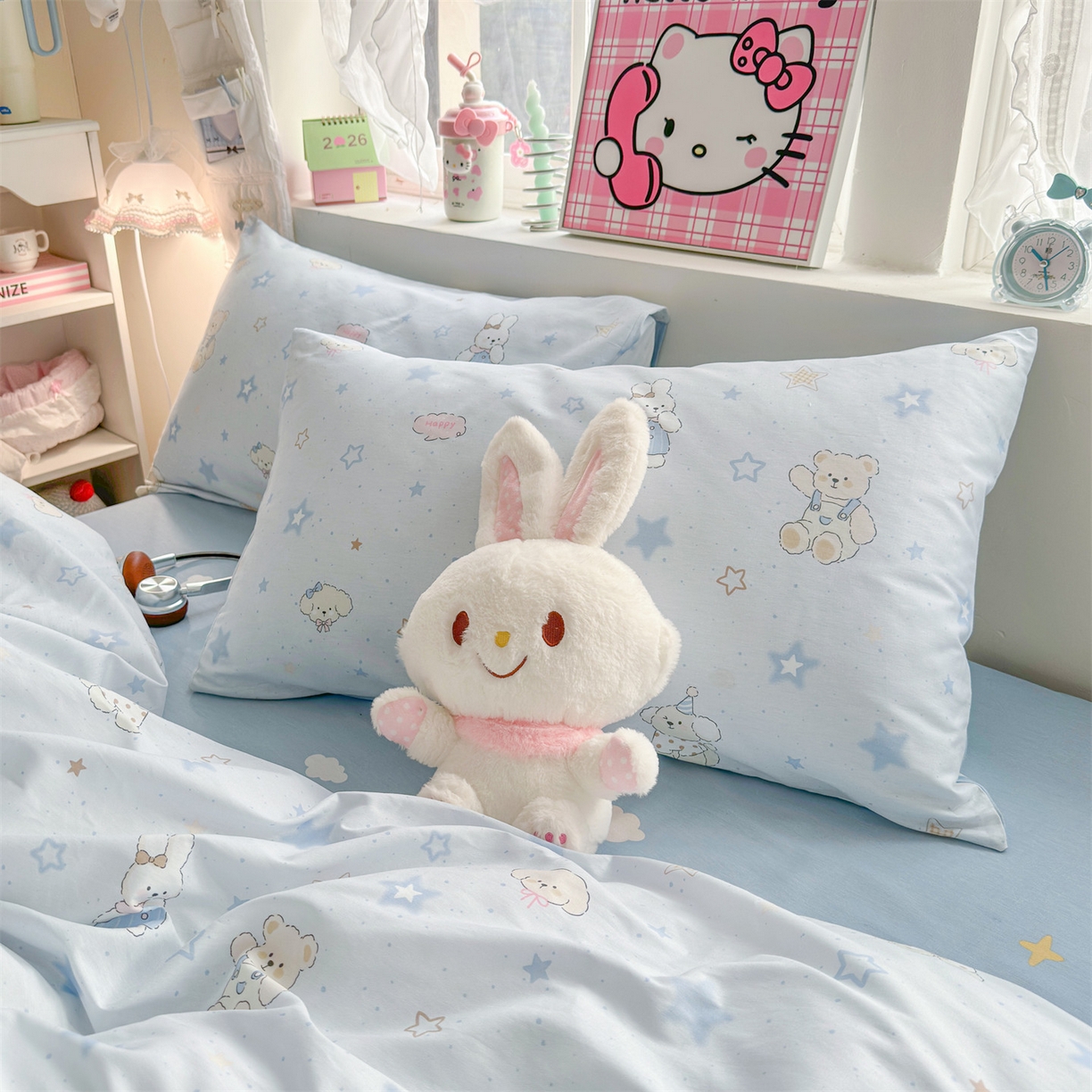 91家纺网 家纺一手货源 找家纺 名兮家居 2026跑量款全棉印花四件套 浅蓝星梦