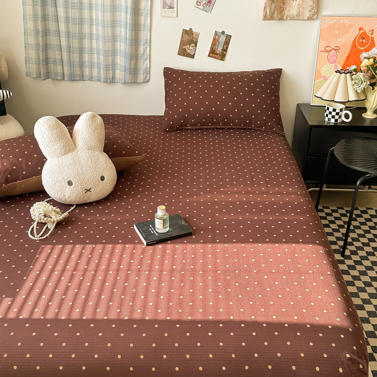 91家纺网 家纺一手货源 找家纺 繁花家居 2026新款泡芙棉云感木棉邹邹纱单床笠床单单件学生床 焦糖波点