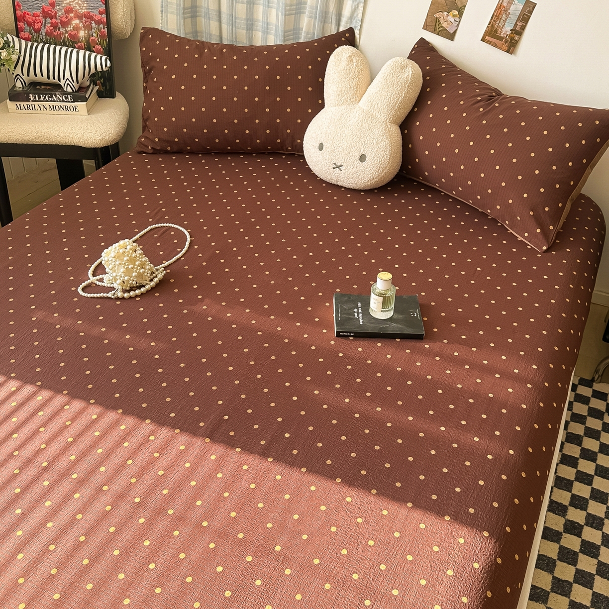 91家纺网 家纺一手货源 找家纺 繁花家居 2026新款泡芙棉云感木棉邹邹纱单床笠床单单件学生床 焦糖波点