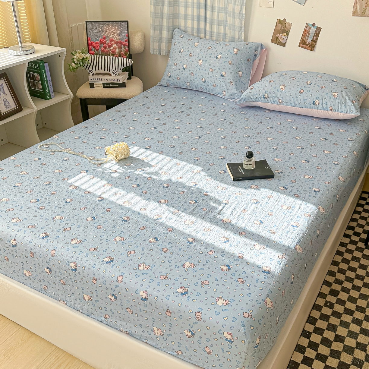 91家纺网 家纺一手货源 找家纺 繁花家居 2026新款泡芙棉云感木棉邹邹纱单床笠床单单件学生床 蓝调奶猫