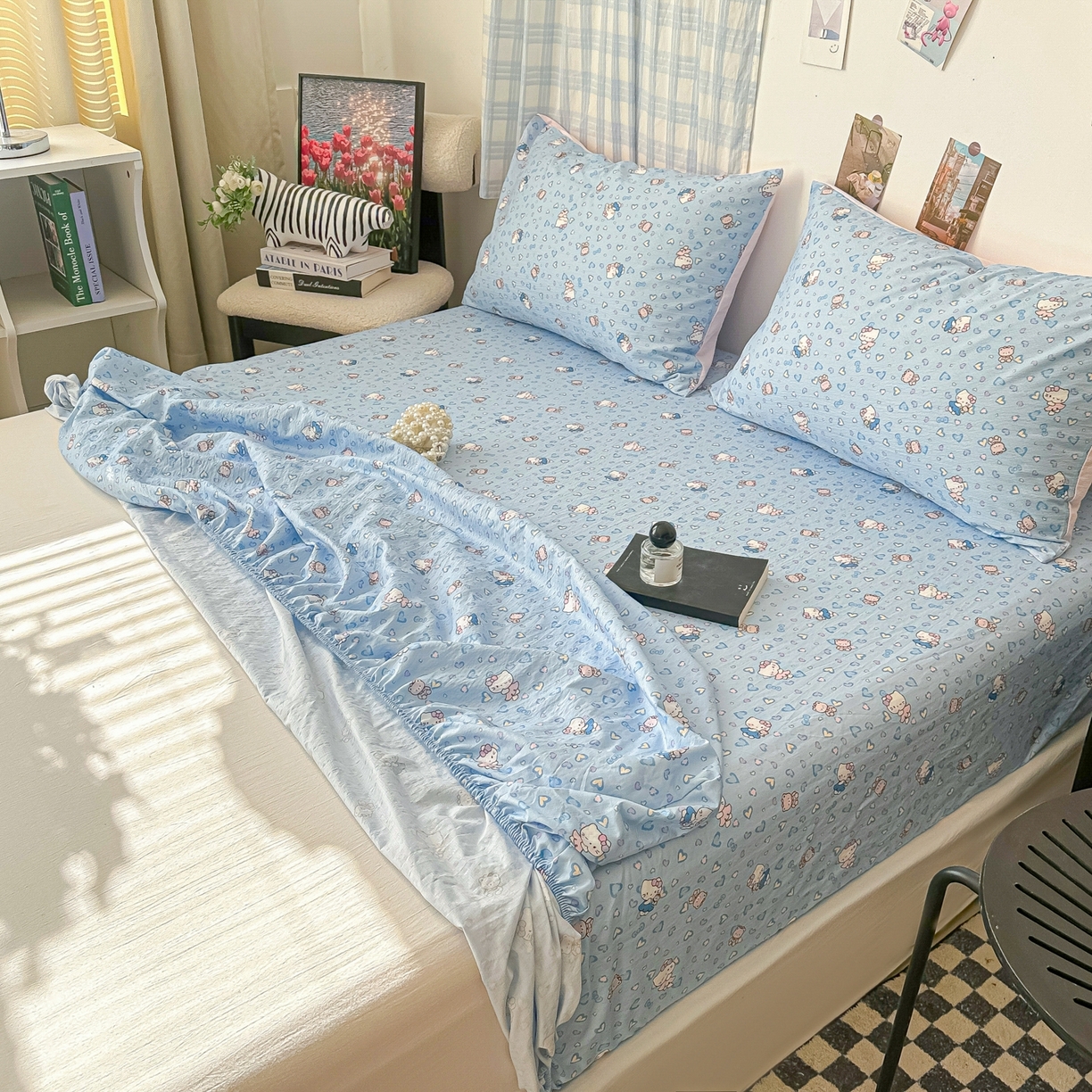 91家纺网 家纺一手货源 找家纺 繁花家居 2026新款泡芙棉云感木棉邹邹纱单床笠床单单件学生床 蓝调奶猫