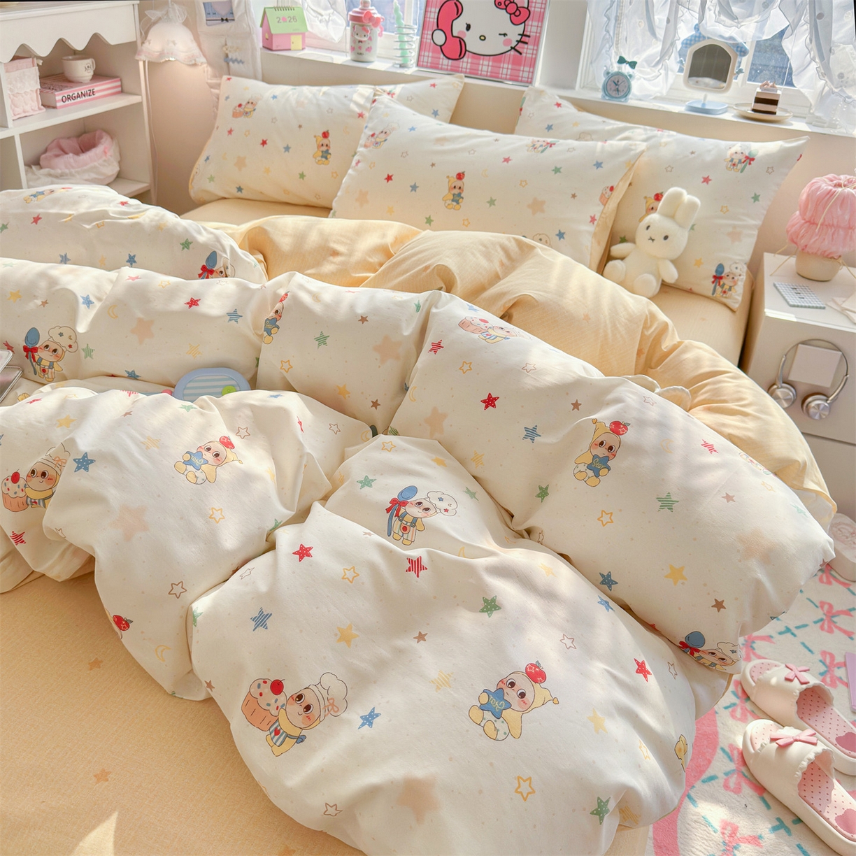 91家纺网 家纺一手货源 找家纺 名兮家居 2026跑量款全棉印花四件套 贪吃小萌星