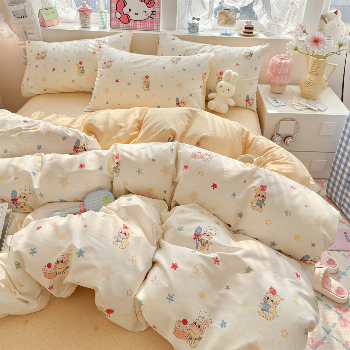 91家纺网 家纺一手货源 找家纺 名兮家居 2026跑量款全棉印花四件套 贪吃小萌星