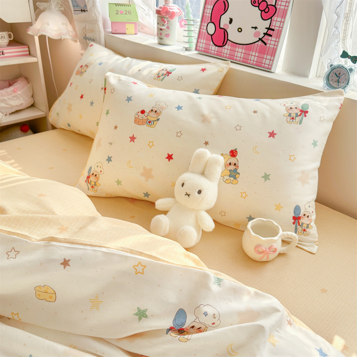 91家纺网 家纺一手货源 找家纺 名兮家居 2026跑量款全棉印花四件套 贪吃小萌星