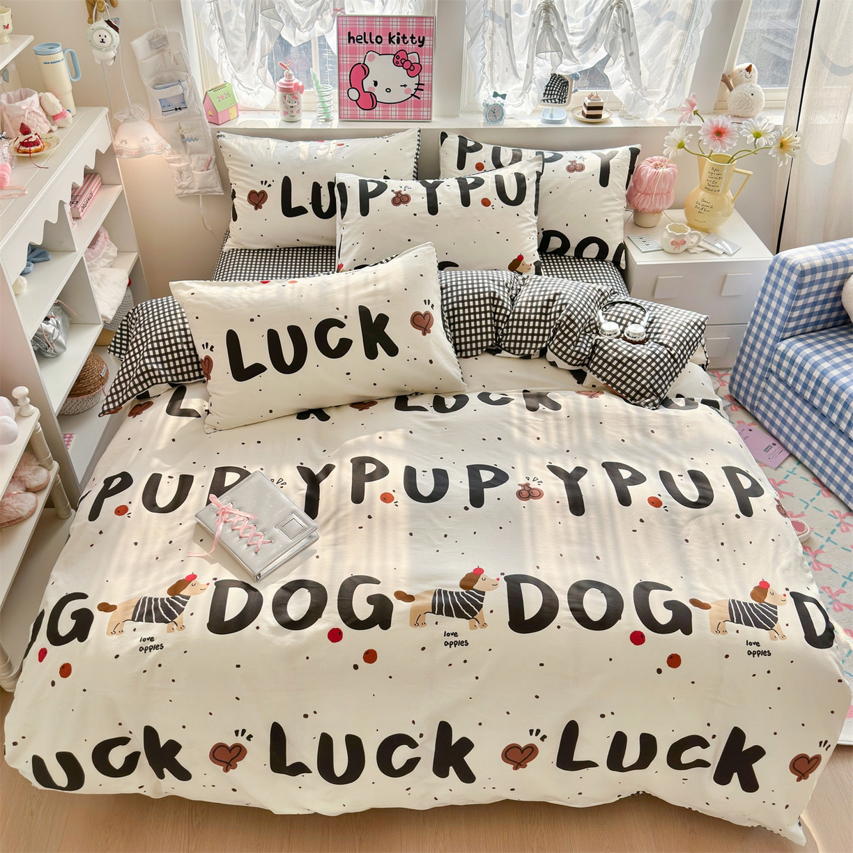 91家纺网 家纺一手货源 找家纺 名兮家居 2026跑量款全棉印花四件套 幸运字母狗