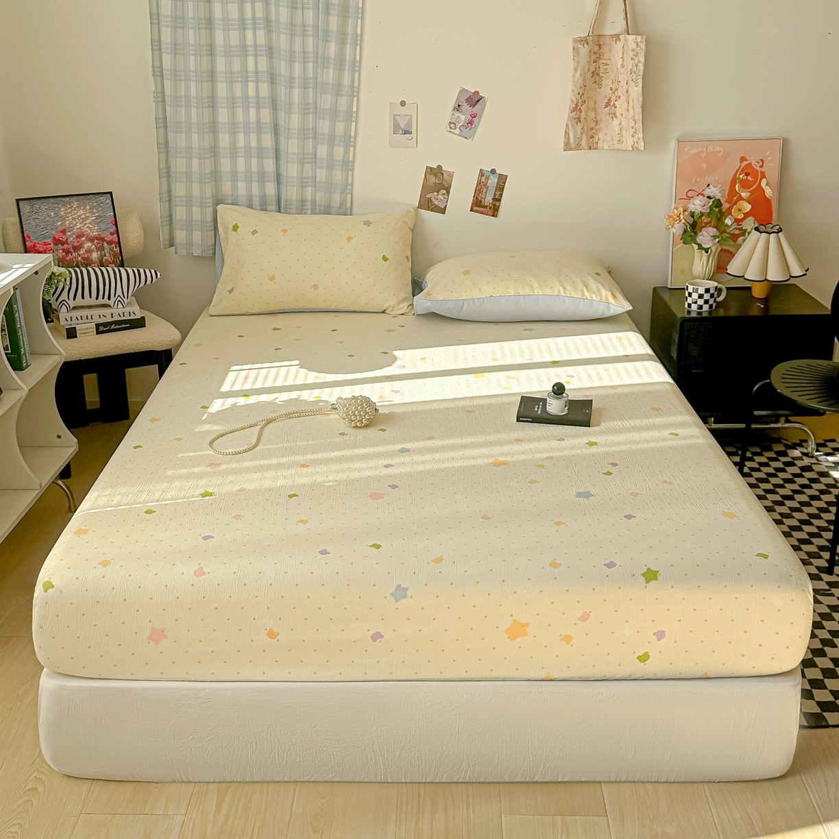 91家纺网 家纺一手货源 找家纺 繁花家居 2026新款泡芙棉云感木棉邹邹纱单床笠床单单件学生床 奶黄星芒