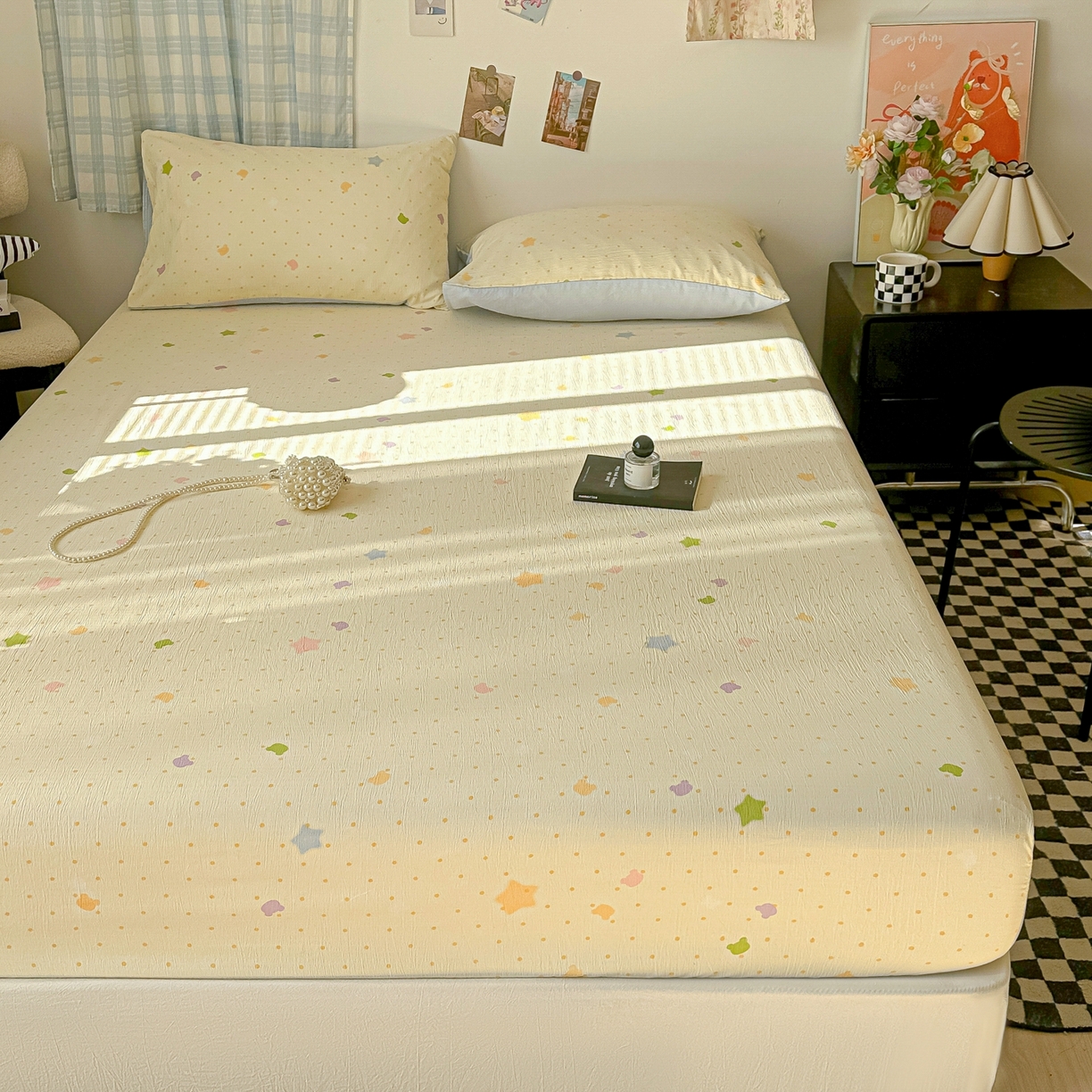 91家纺网 家纺一手货源 找家纺 繁花家居 2026新款泡芙棉云感木棉邹邹纱单床笠床单单件学生床 奶黄星芒