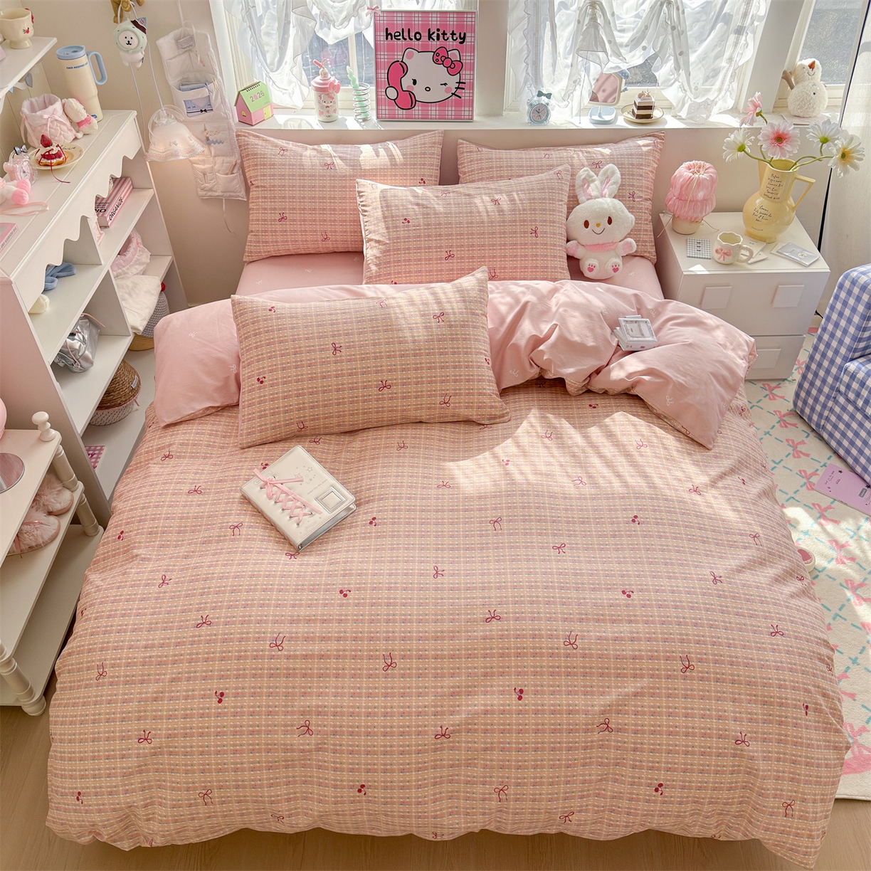 91家纺网 家纺一手货源 找家纺 名兮家居 2026跑量款全棉印花四件套 樱桃蝴蝶结