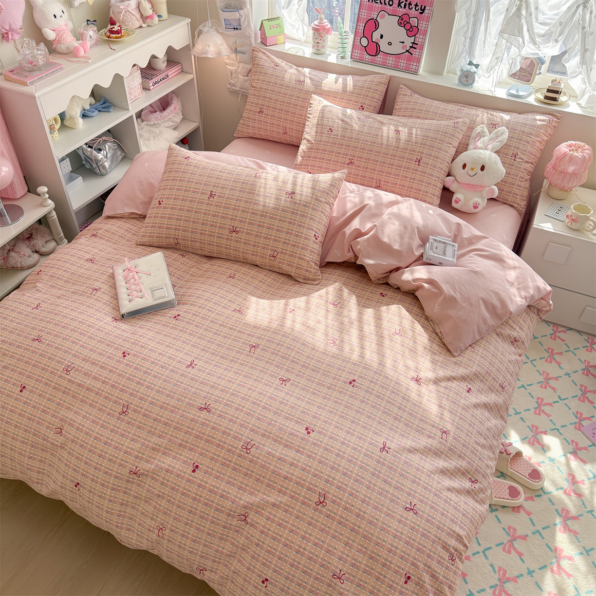 91家纺网 家纺一手货源 找家纺 名兮家居 2026跑量款全棉印花四件套 樱桃蝴蝶结