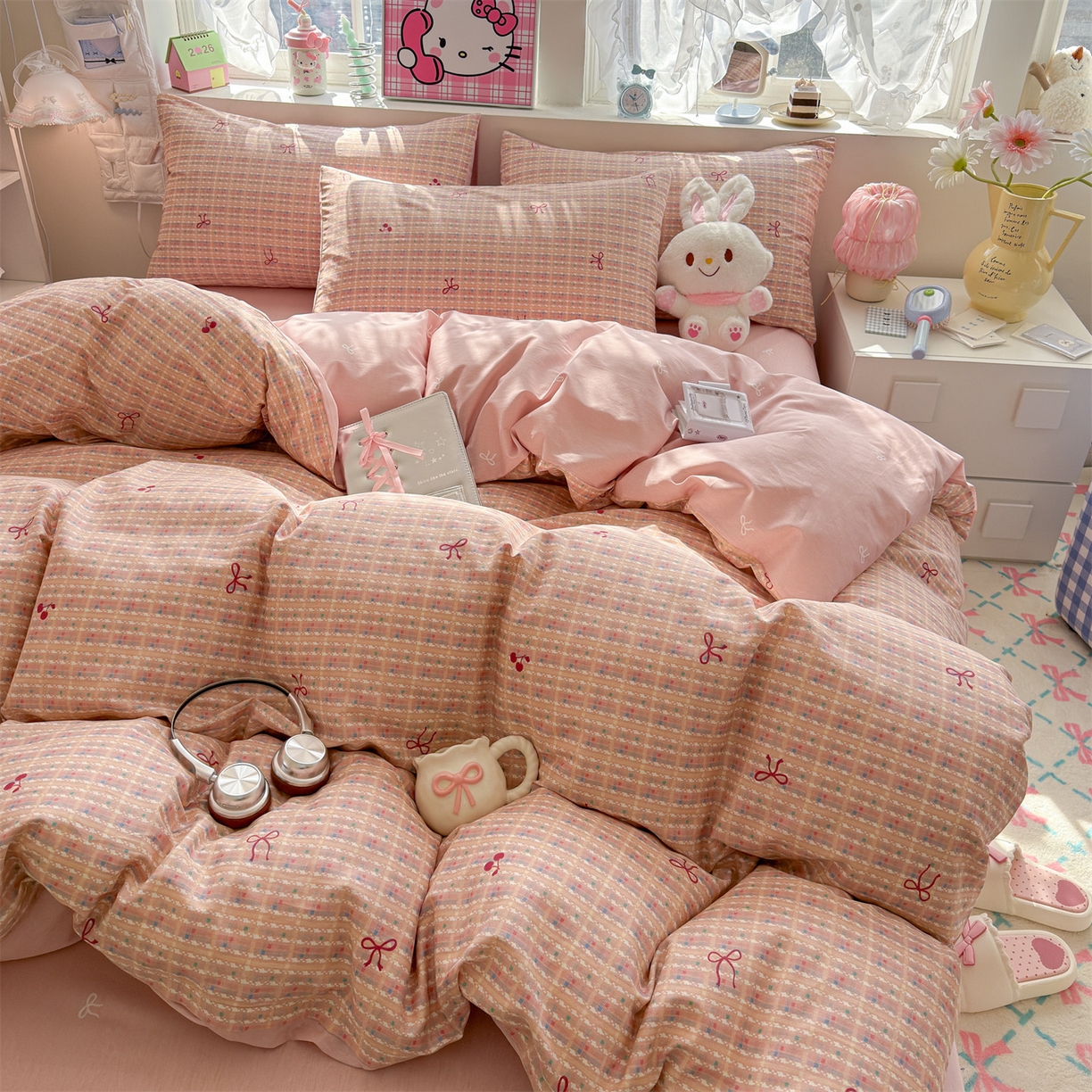 91家纺网 家纺一手货源 找家纺 名兮家居 2026跑量款全棉印花四件套 樱桃蝴蝶结