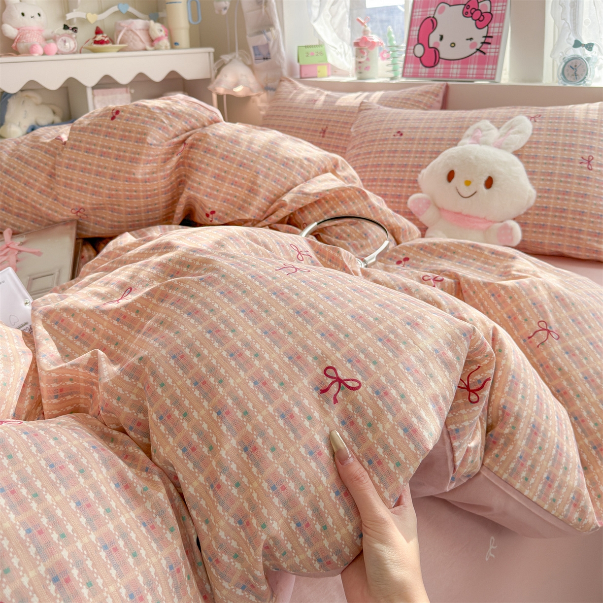 91家纺网 家纺一手货源 找家纺 名兮家居 2026跑量款全棉印花四件套 樱桃蝴蝶结