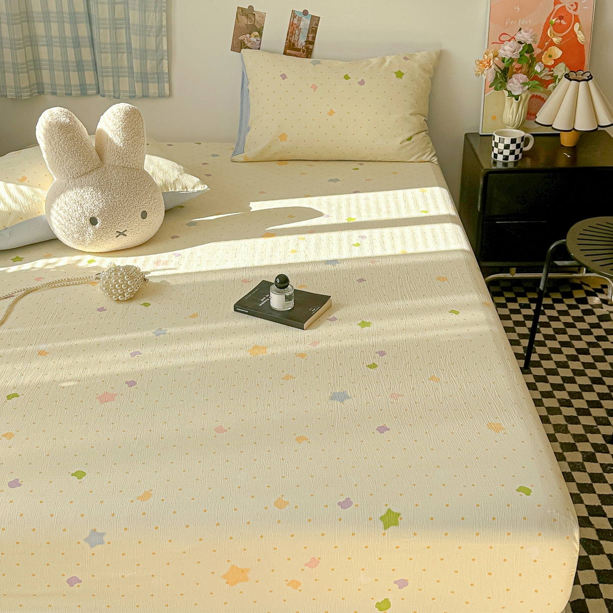 91家纺网 家纺一手货源 找家纺 繁花家居 2026新款泡芙棉云感木棉邹邹纱单床笠床单单件学生床 奶黄星芒