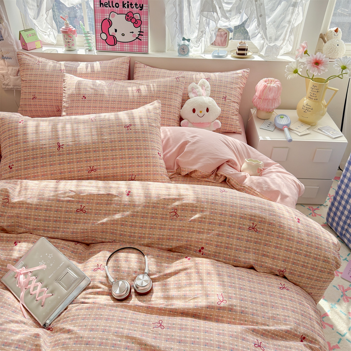 91家纺网 家纺一手货源 找家纺 名兮家居 2026跑量款全棉印花四件套 樱桃蝴蝶结