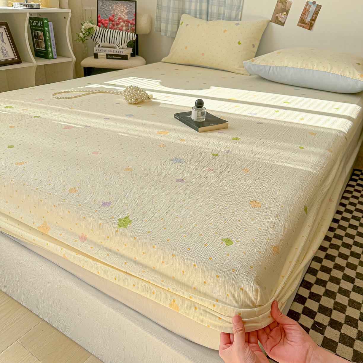 91家纺网 家纺一手货源 找家纺 繁花家居 2026新款泡芙棉云感木棉邹邹纱单床笠床单单件学生床 奶黄星芒