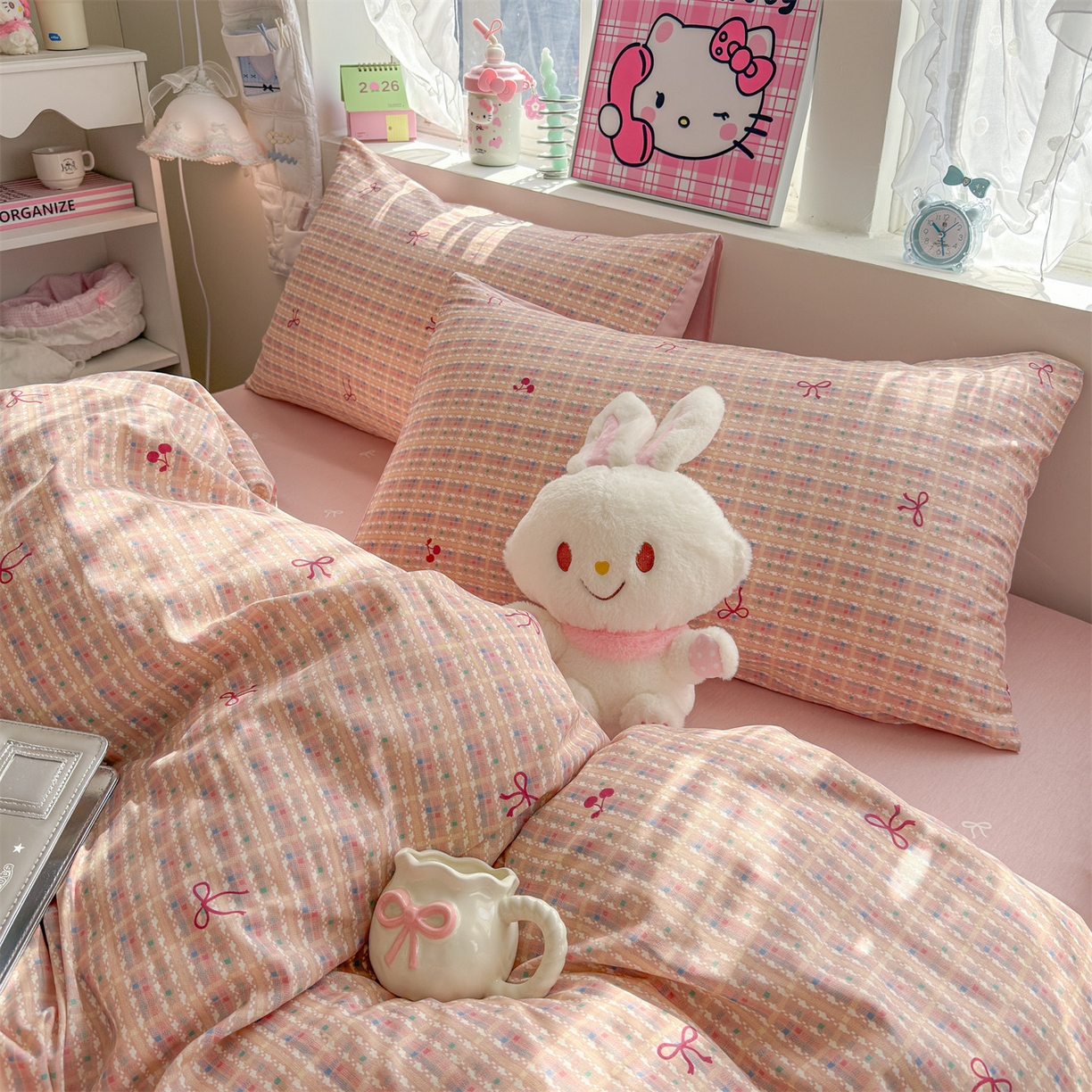 91家纺网 家纺一手货源 找家纺 名兮家居 2026跑量款全棉印花四件套 樱桃蝴蝶结