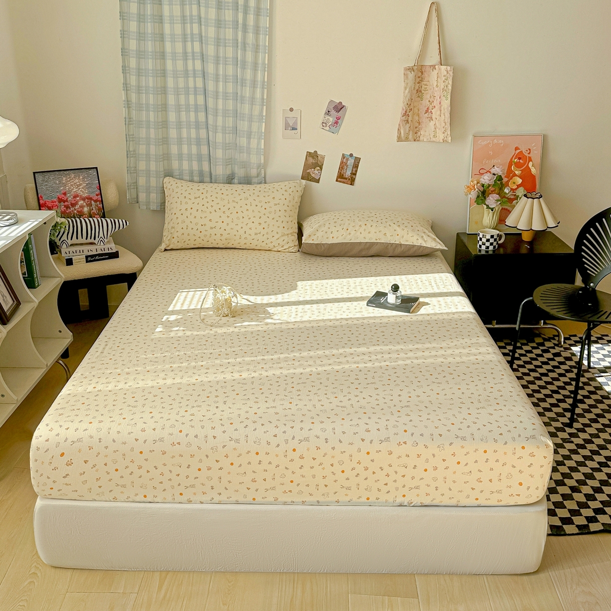 91家纺网 家纺一手货源 找家纺 繁花家居 2026新款泡芙棉云感木棉邹邹纱单床笠床单单件学生床 奶杏碎影