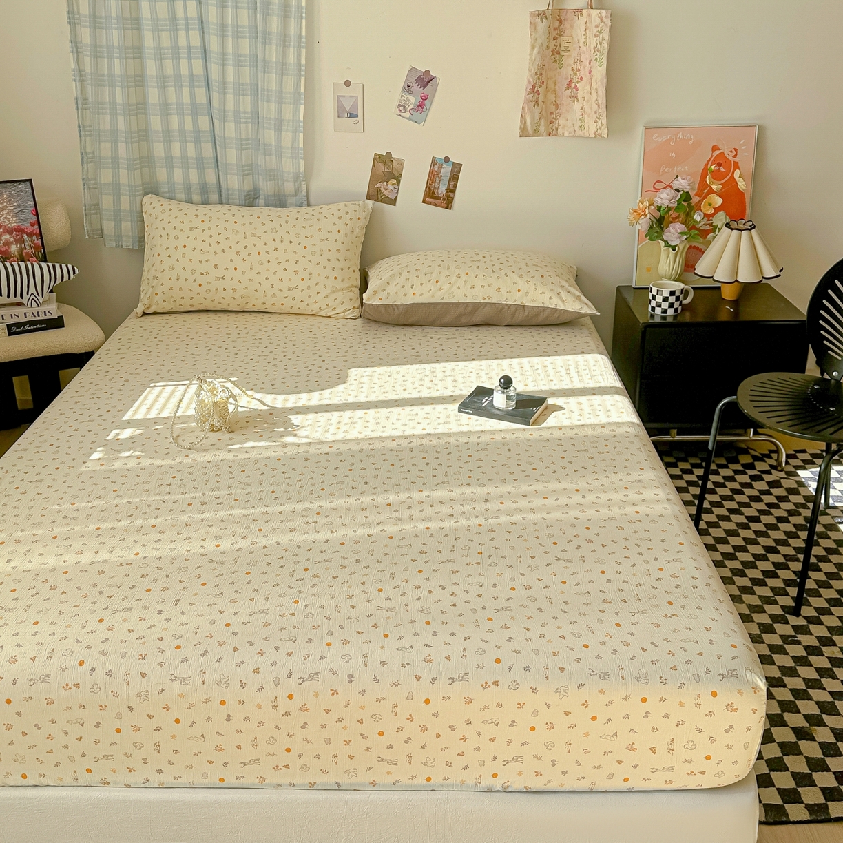 91家纺网 家纺一手货源 找家纺 繁花家居 2026新款泡芙棉云感木棉邹邹纱单床笠床单单件学生床 奶杏碎影