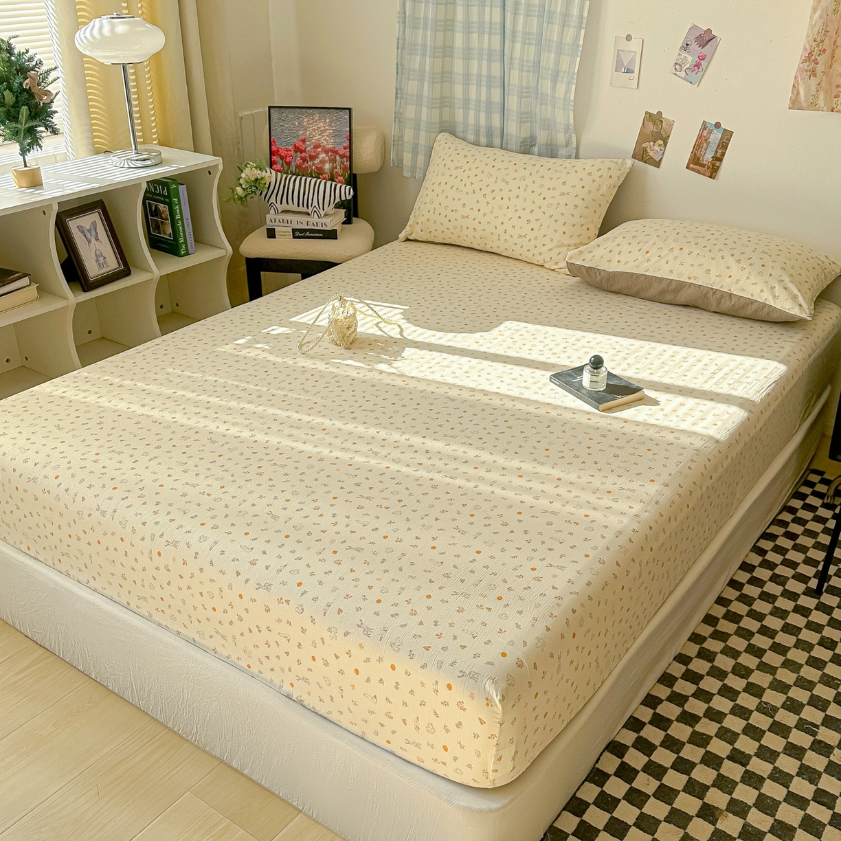 91家纺网 家纺一手货源 找家纺 繁花家居 2026新款泡芙棉云感木棉邹邹纱单床笠床单单件学生床 奶杏碎影