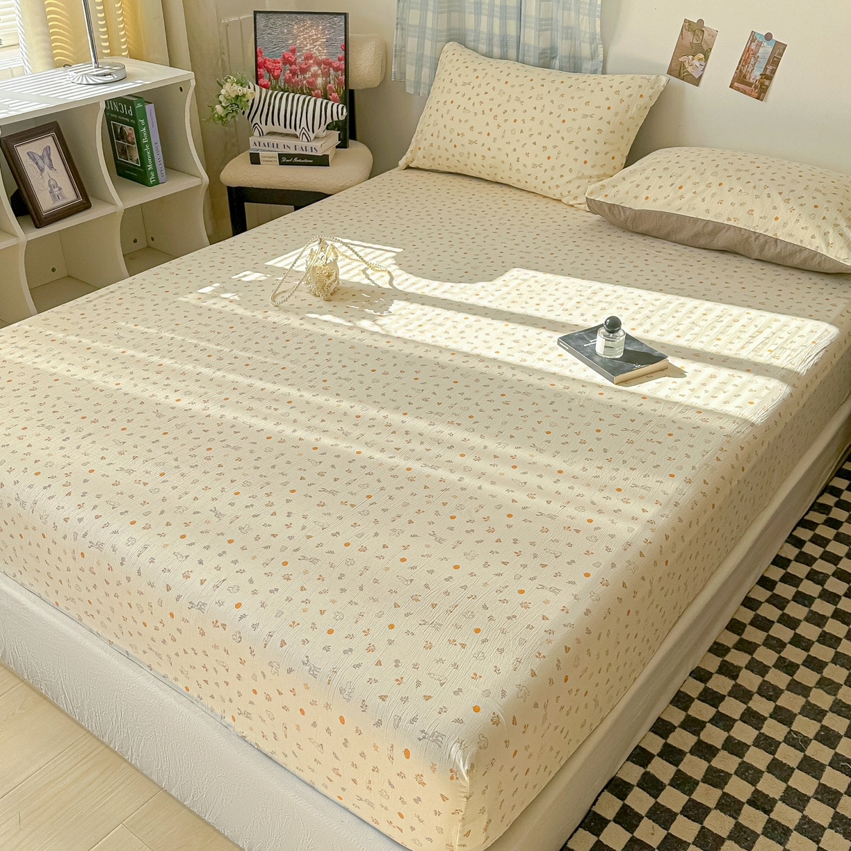 91家纺网 家纺一手货源 找家纺 繁花家居 2026新款泡芙棉云感木棉邹邹纱单床笠床单单件学生床 奶杏碎影