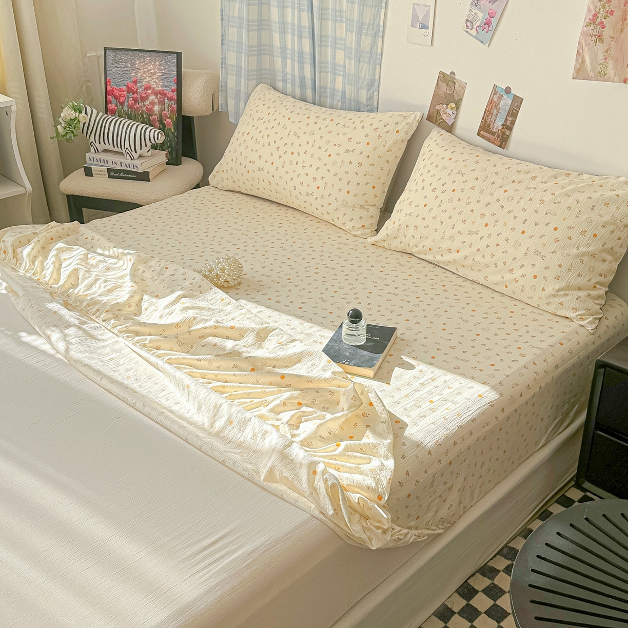 91家纺网 家纺一手货源 找家纺 繁花家居 2026新款泡芙棉云感木棉邹邹纱单床笠床单单件学生床 奶杏碎影