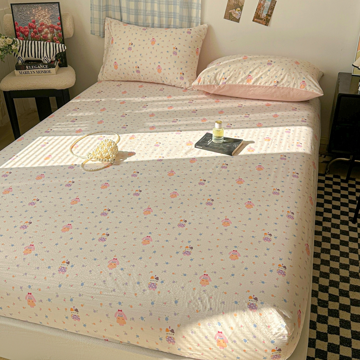 91家纺网 家纺一手货源 找家纺 繁花家居 2026新款泡芙棉云感木棉邹邹纱单床笠床单单件学生床 奶油花町