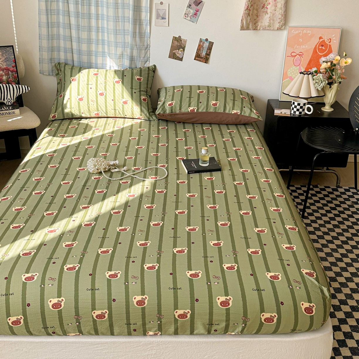 91家纺网 家纺一手货源 找家纺 繁花家居 2026新款泡芙棉云感木棉邹邹纱单床笠床单单件学生床 森系小熊